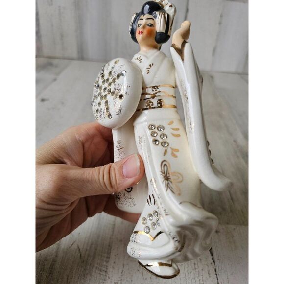 Lefton 10248 geisha shield girl lady dancing dress Monk rhinestone figurine stat - Picture 8 of 9